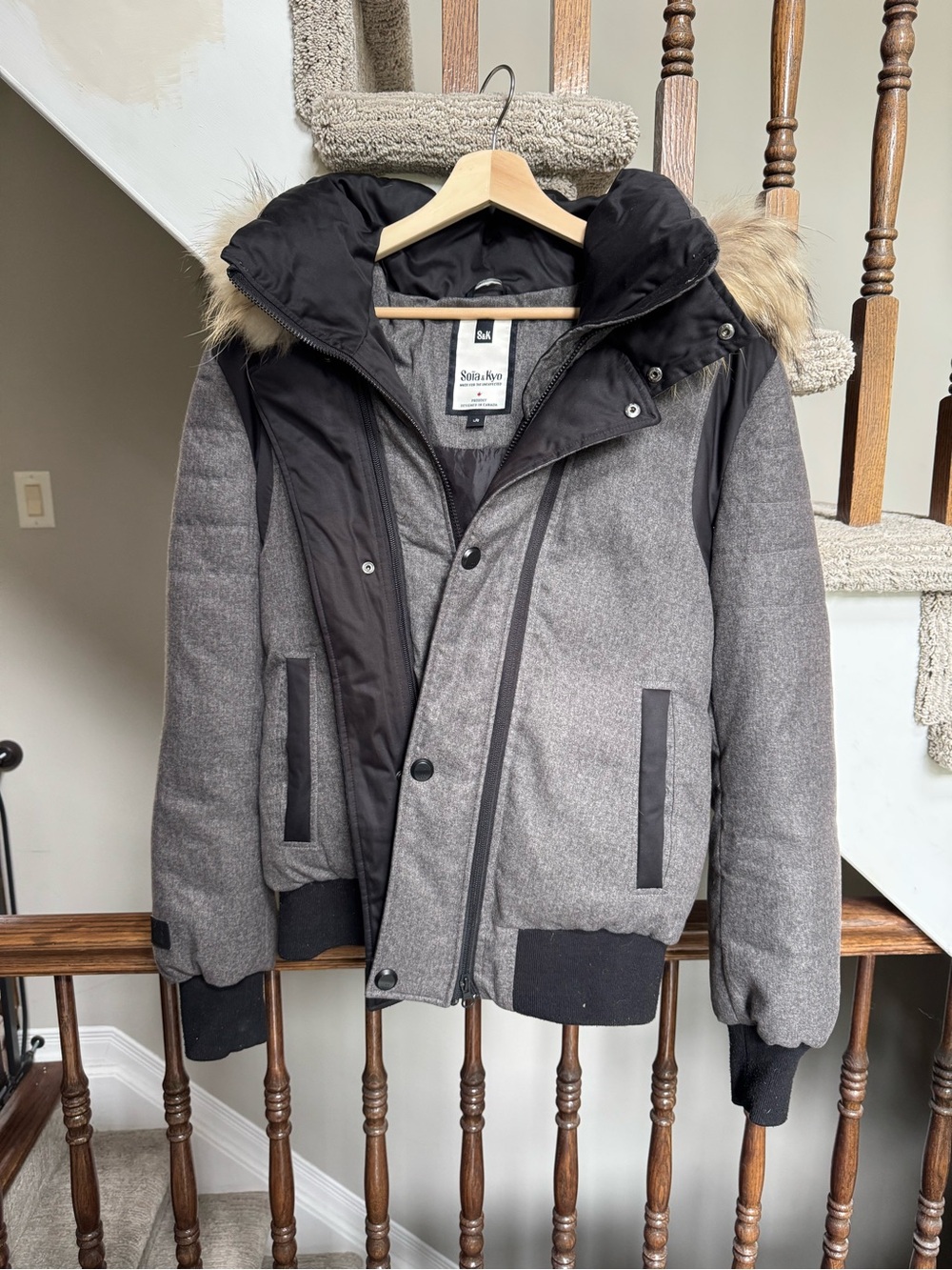 Soia & Kyo Gray Puffer Bomber Jacket with Faux Fur Trim